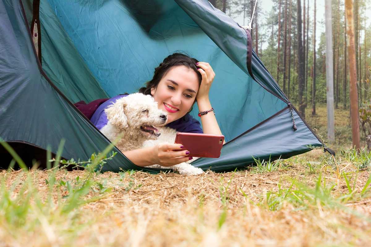 Une femme repose dans une tente bleue en forêt avec son chien Une femme repose dans une tente bleue en forêt avec son chien